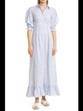 Mille Resort & Travel Light Blue Striped Button-Front Women’s Dress 100% Linen
